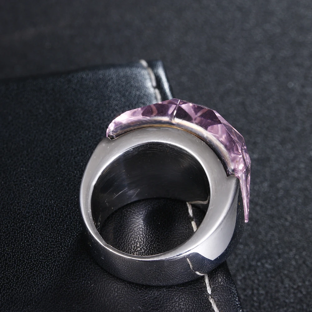 ZMZY Fashion Personality Elegant Big Rings For Women Pink Glass Stone Stainless Steel Wedding Ring Jewelry 4 Color to Choose