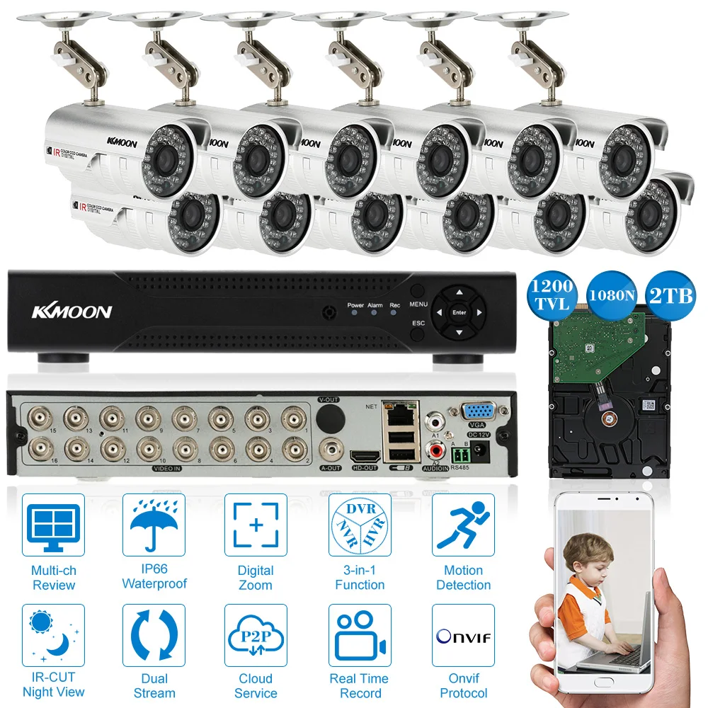 

KKmoon AHD 1080N DVR 960H 12PCS Waterproof Night Vision Motion Detection CCTV Camera Home Surveillance Security System Kit 2TB