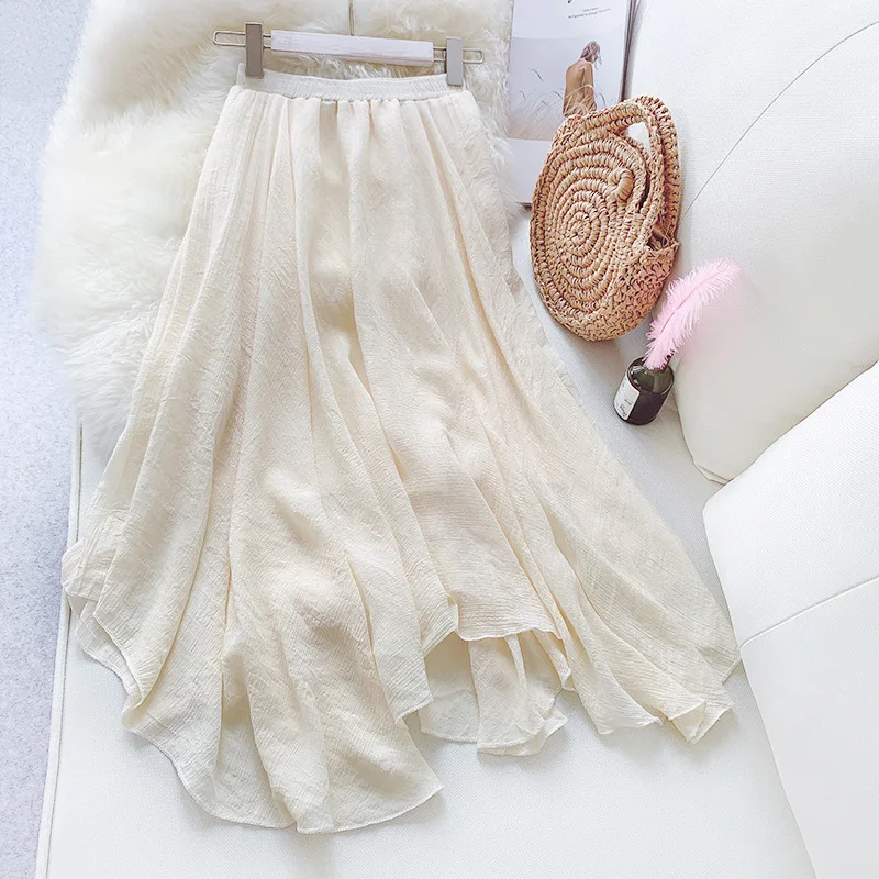 Женская элегантная Однотонная юбка миди в Корейском стиле с высокой талией, плиссированные юбки из хлопка и льна, летние юбки Saias, SK344