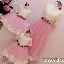 Кружевное платье цвета слоновой кости и розового цвета с цветочным узором для девочек, платье с рукавами для дня рождения, платье для мамы и дочки Бальные платья для детей, вечернее платье