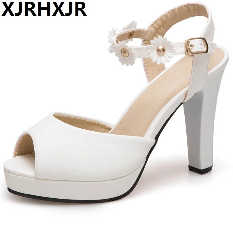 

XJRHXJR Size 32-43 Women Sweet Flower High Heel Sandals Women Flower Beading Ankle Strap Thick Heel Sandals Summer Shoes Women