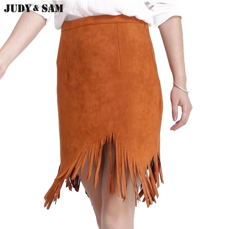 Long Tassel Skirts Women 2017 Vintage Tassel Faux Suede Leather Skirt