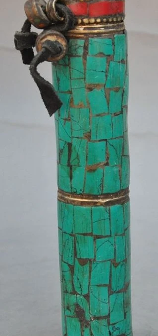 

5" Tibet Buddhism bronze Inlay Turquoise Horsehead Phurba Dagger box Cylinder