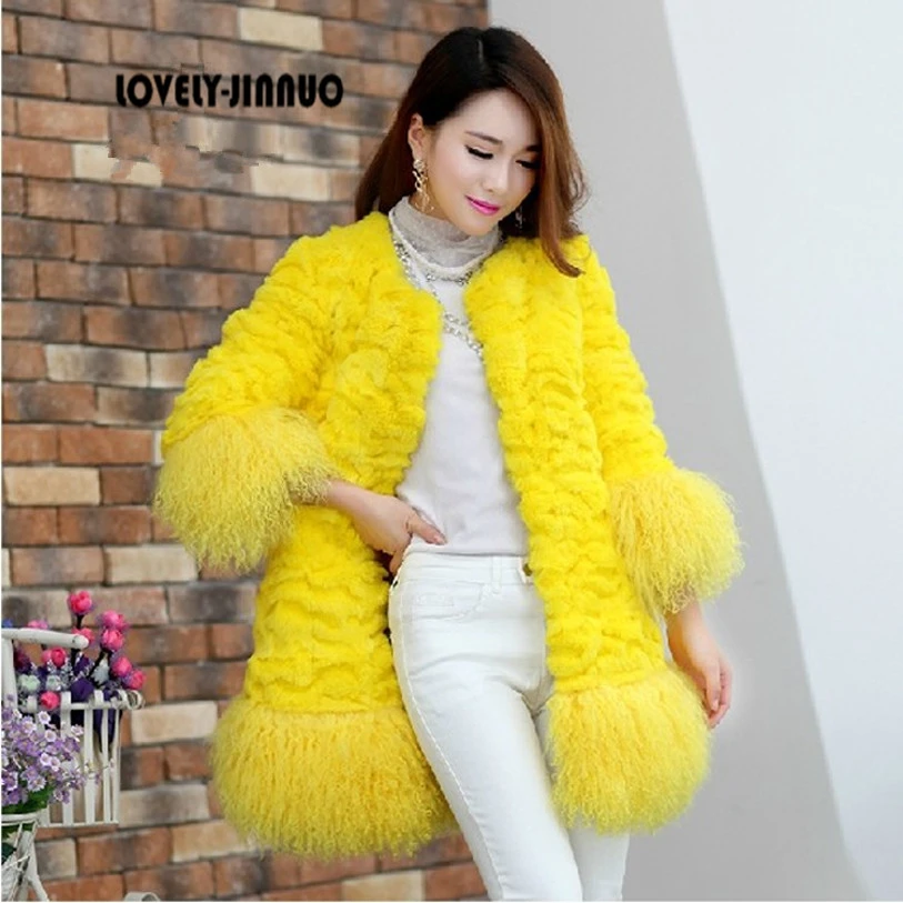 

Genuine Rabbit fur coat women fashion long rabbit fur jacket with lamb fur hem winter fur coat Free shipping EMS F587