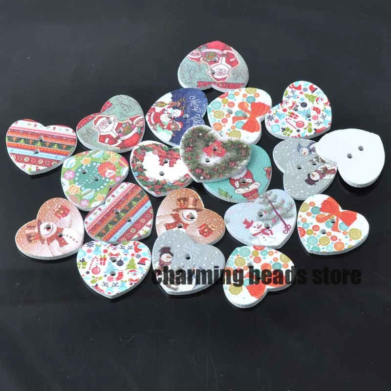 mixed christmas painted Wooden Heart decorative Buttons Scrapbooking
