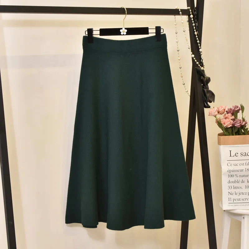 Осень новая Женская высокая талия вязанная трапециевидная черная длинная юбка стрейч винтажная Женская Зимняя юбка Faldas Jupe Femme Saia - Цвет: Зеленый