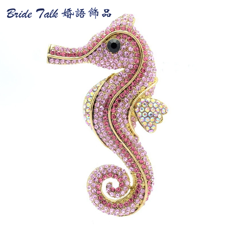 3.6&quot Pink Animal Sea Horse Hippocampus Pendant Brooch Pins Rhinestone Crystals Vintage Jewelry 5945 | Украшения и аксессуары