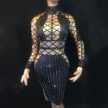 

Dj Sparkly Rhinestones Evening Celebrate Dress Bling Performance Party Luxurious Shining Costume Women Nightclub Dresses DN3004