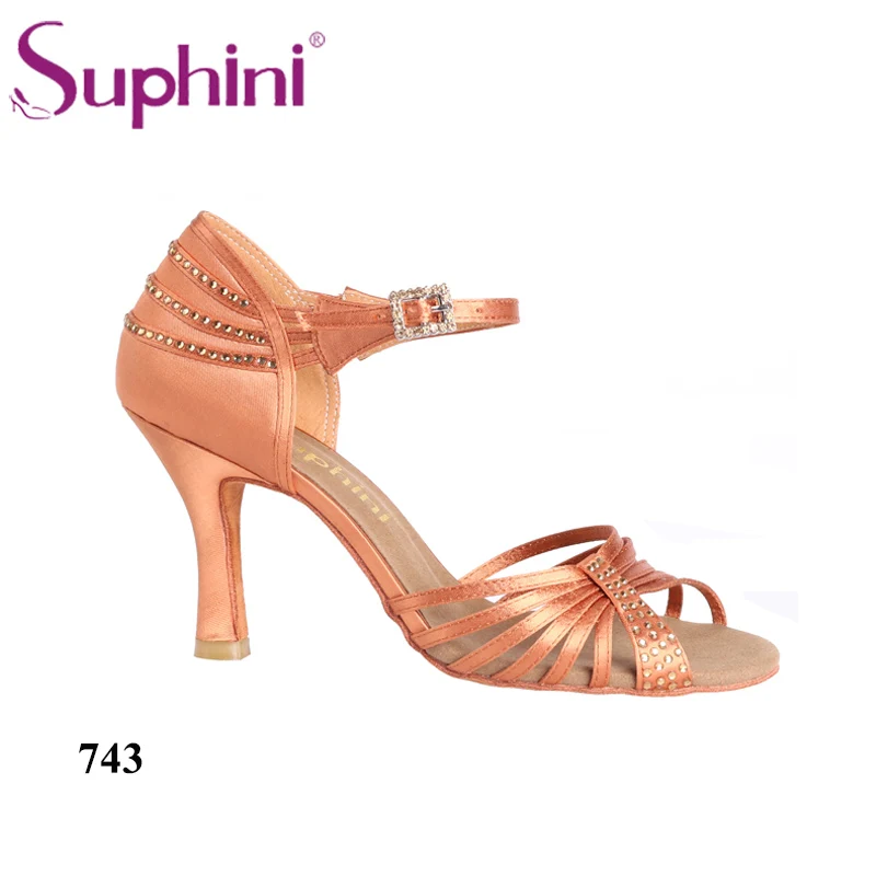 Deep tan 8.5cm heel Высокое качество ручной работы Роскошные Синие Suphini Сальса обувь с расклешенным каблуком атласная Suphini онлайн латинские танцевальные туфли - Цвет: Deep tan 8.5cm heel
