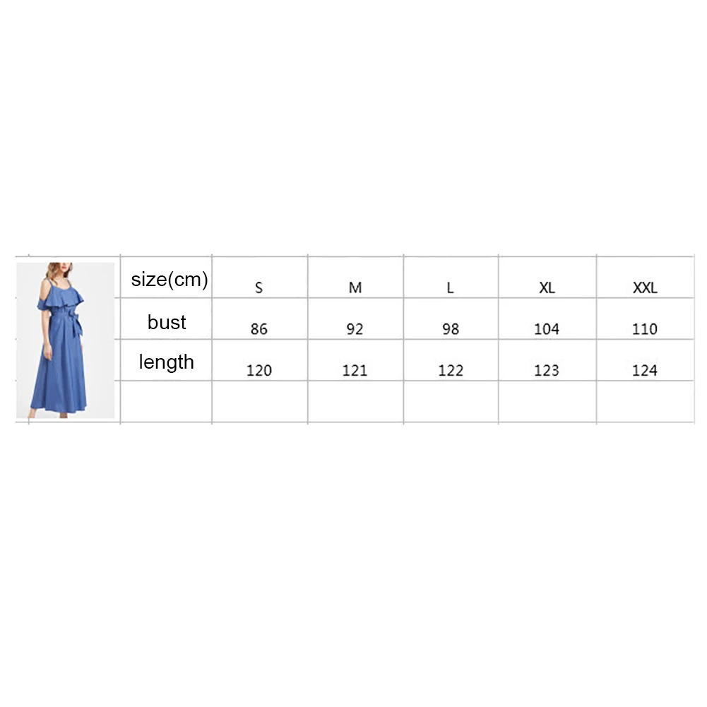 Fashion Women Summer jean Dress Ruffle Spaghetti Strap Open Shoulder Long Slim Denim Dress Fashion Women Summer jean Dress Ruffle Spaghetti Strap Open Shoulder Long Slim Denim Dress