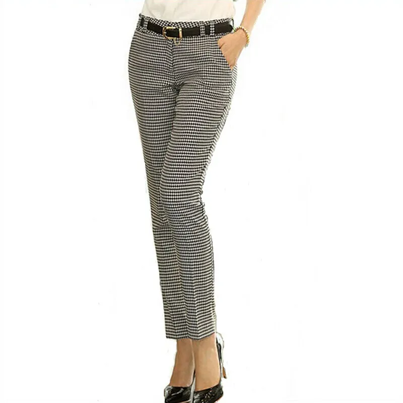  2019 Spring Summer Autumn Women Slim Casual Pants Work Wear Career Houndstooth Pants Straight Penci