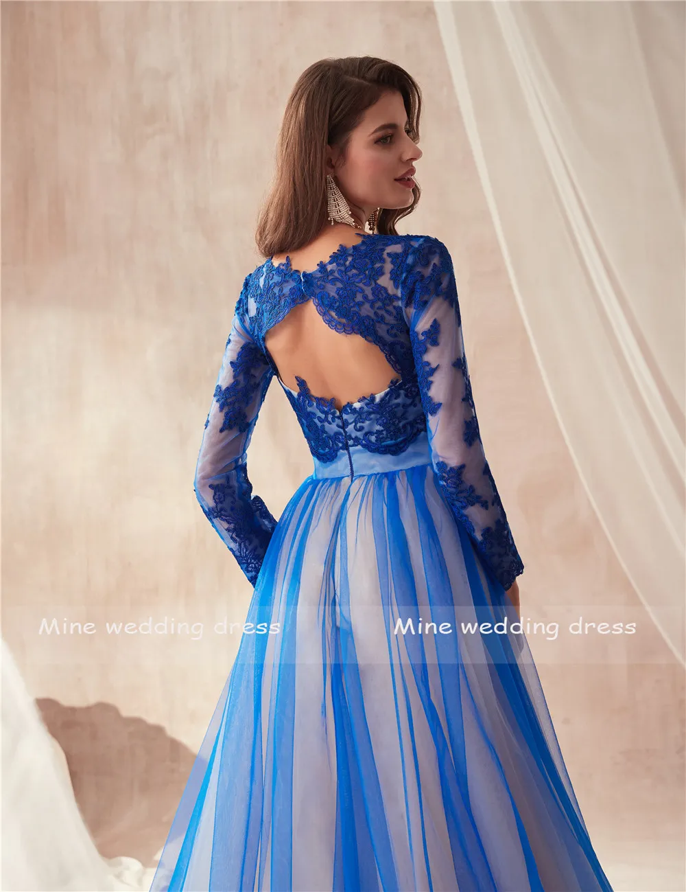 Multi Цвет синее платье для выпускного вечера одежда с длинным рукавом трапециевидной формы вырез с открытой спиной, пикантный вечернее платье со шлейфом официальная Вечеринка платья