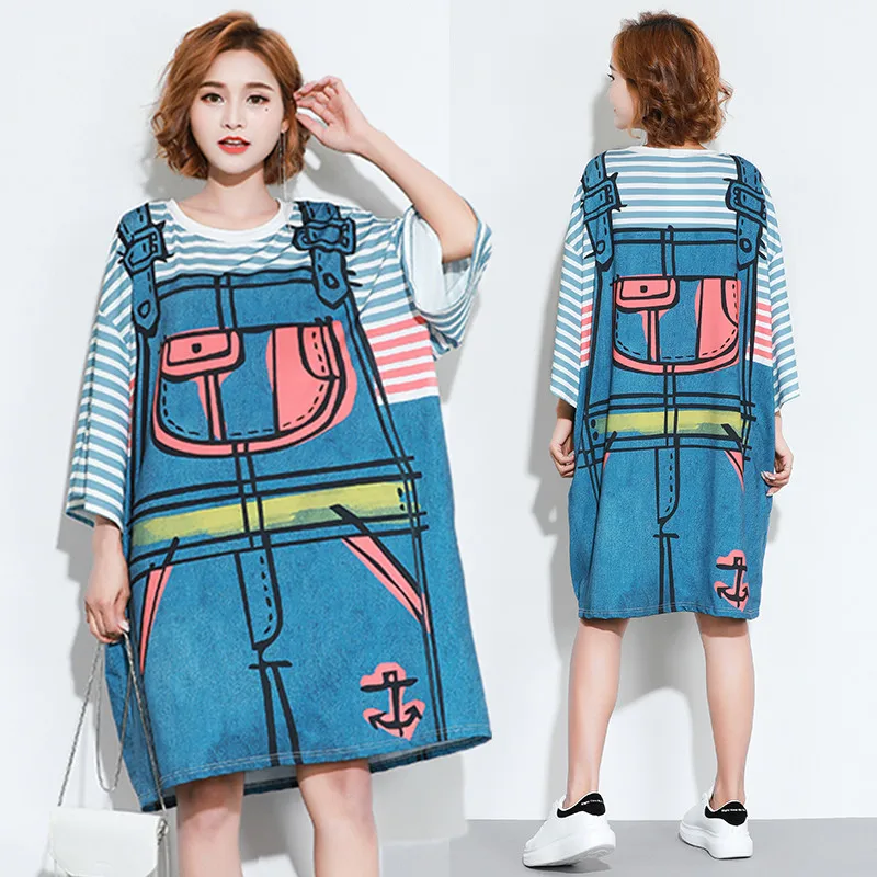 

BIG SIZE 5XL Summer Women Fashion Kawaii Cartoon Jean Strap Print Tops Ladies Female Plus Large Short Sleeve Loose T-shirt Dress