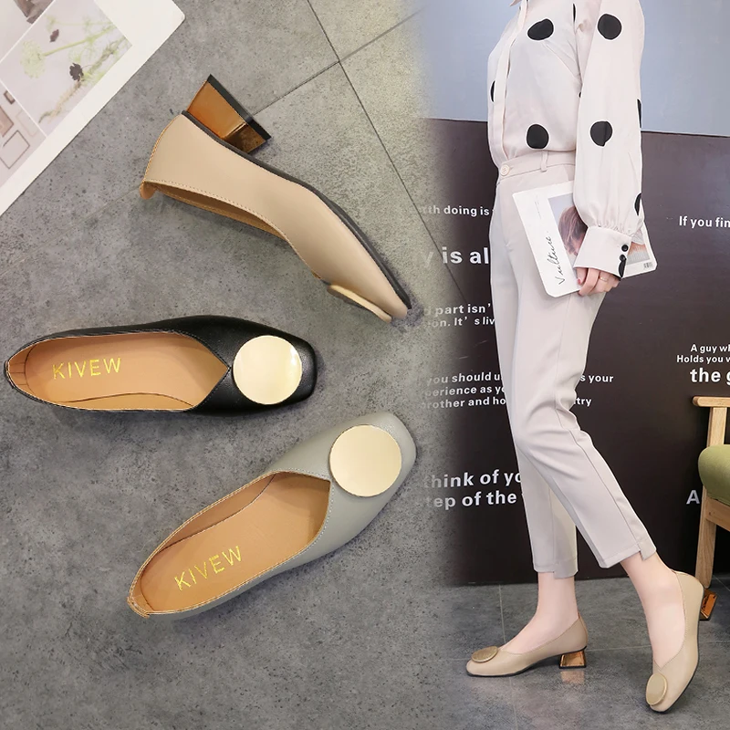 Plus Size 34-42 Women Dress Shoes Square Toe Medium Heels Pumps Gold Heels Shoes Woman Round Metal Boat shoes low 7350