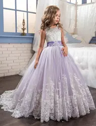Коллекция 2018 года, красивые фиолетовые и белые платья с цветочным узором для девочек кружевная Апликация с бусинами пышные платья с