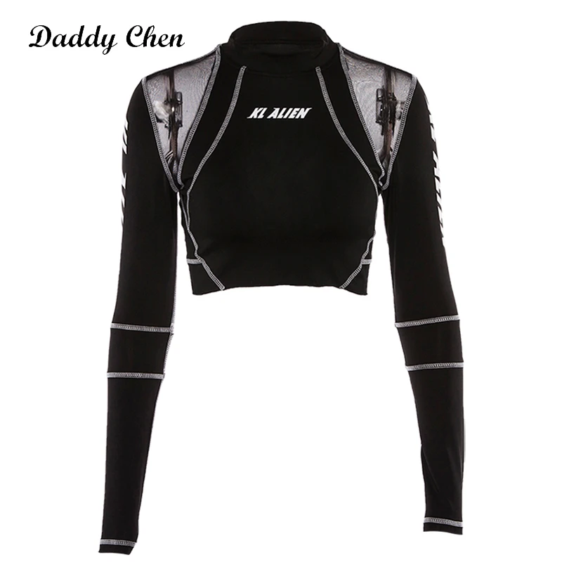 

Daddy Chen Sport tshirt Women Sexy Short Mesh T Shirt Long Sleeve Girl Fitness Homme Letter Print Crop Top Patchwork Casual Slim