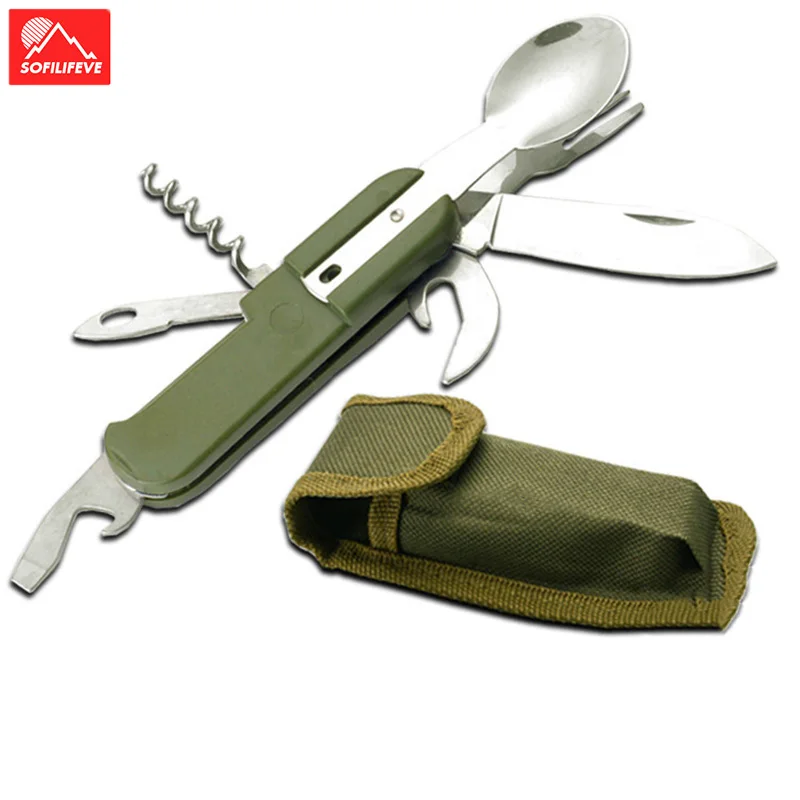

Portable Outdoor Camping Tableware Multifunctional Tools Spoon Fork Bottle Opener Knife Folding Foldable Survival Picnic Kits