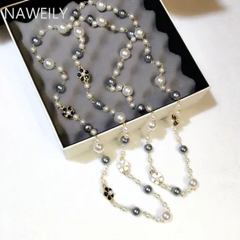

Fashion Gray White Simulation Pearls Necklaces Rose Flowers Multilayer Chains For Women Long Sweater Chain Necklace 2020 New