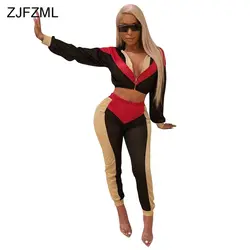 ZJFZML цвет блок сексуальный 2 шт. спортивный костюм для женщин с длинным рукавом молния капюшоном укороченный топ + прилегающие брюки осенний