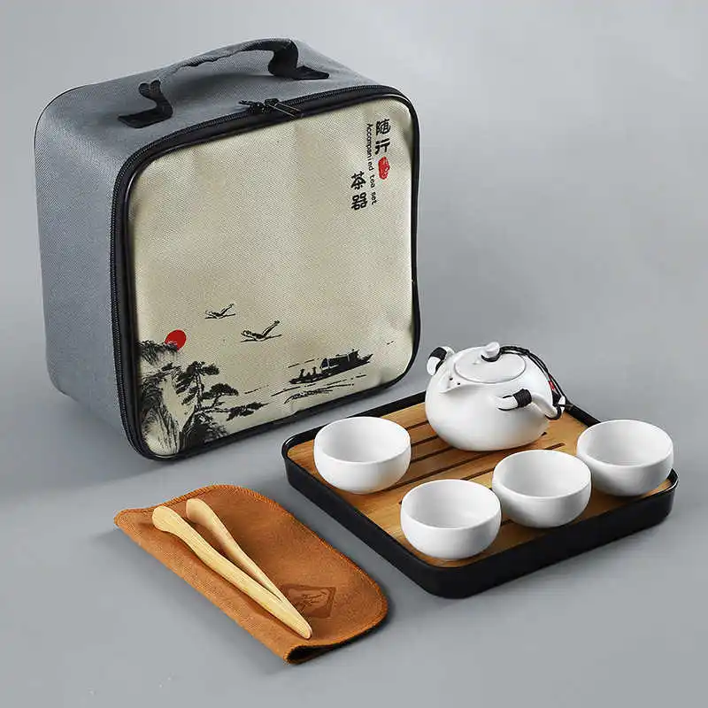 

DeHua Ceramic Travel Teaware Set 1 Teapot 4 Teacups Tea Infuser Tea Pot Kung Fu Tea Sets of Outdoor Tourism Portable Package