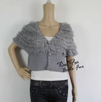 

GTC163 2014 new style women half sleeve rouched knitted sweater rabbit fur coat overcoat garment real fur jackets outerwear