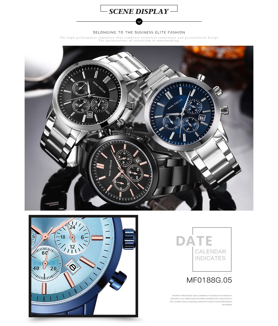 Мини фокус Топ бренд Роскошные Кварцевые часы для мужчин океан синий циферблат нержавеющая сталь ремешок хронограф Мода Бизнес наручные часы