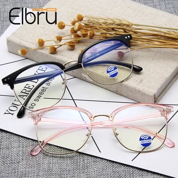 

Elbru Retro Brow Half Frame Myopia Glasses Frame for Men Women Anti Blue-ray Optical Computer Eyeglasses Prescription Eyewear