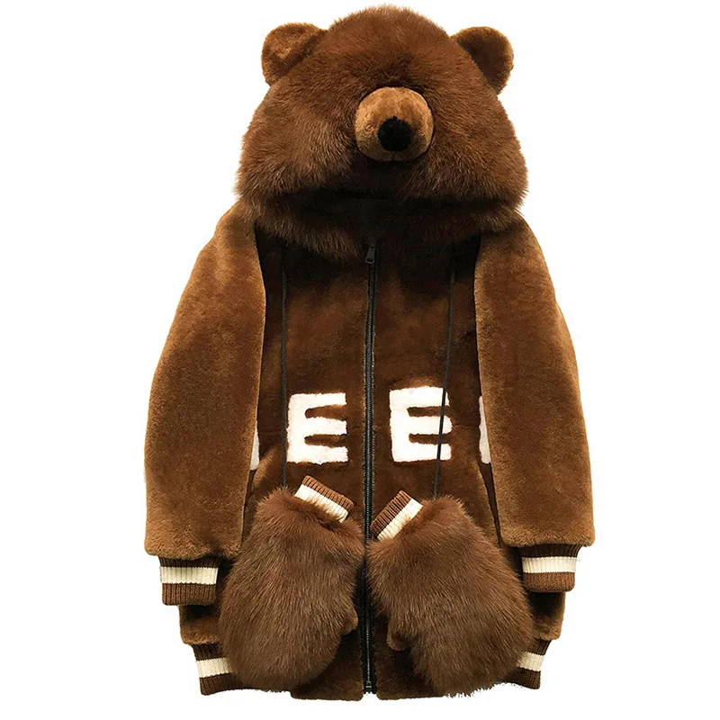  LVCHI Winter 2019 Bear Hat Real Lamb Fur Coats Lattern Real Natural Fox Fur Coat Women's With glove