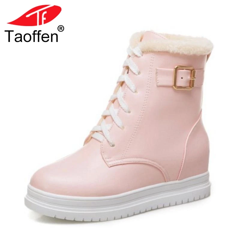 

TAOFFEN Fashion Women Ankle Boots Lace Up Thick Fur Winter Shoes Women Warm Snow Boots Plush Fur Inside Heel Shoes Size 34-43