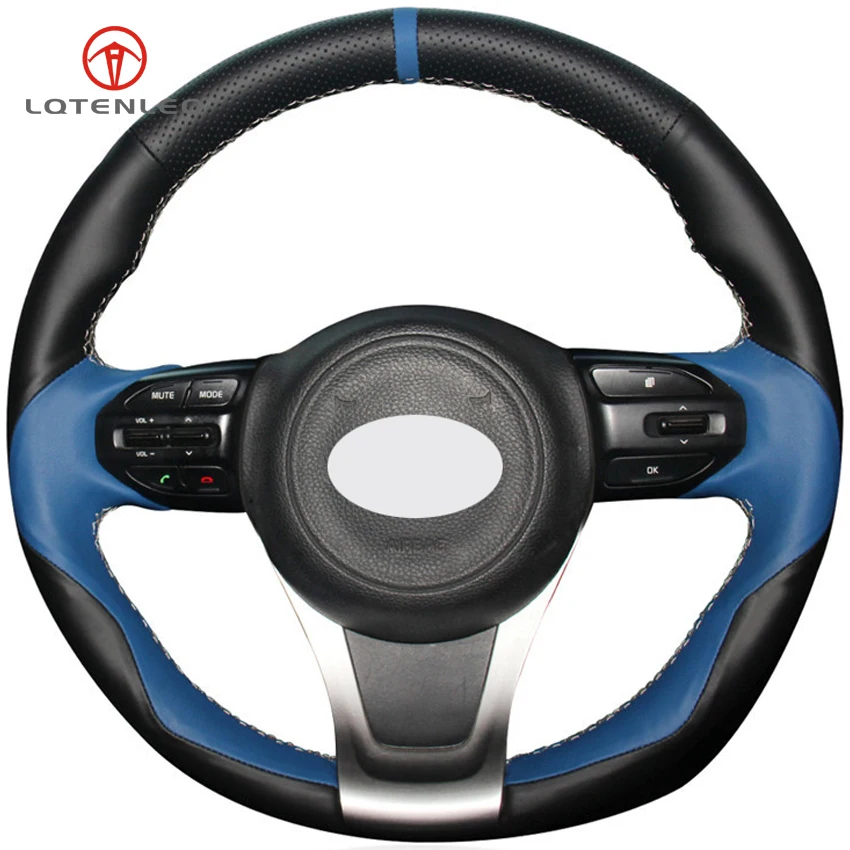 LQTENLEO Black Blue Genuine Leather DIY Hand stitched Car Steering