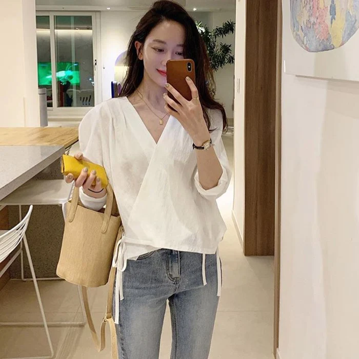

Irregular V Neck Wrap Top Long Sleeve Blouse Women Shirt Spring Summer Fashion Chemise Femme Chemisier Blusa Mujer Camisa