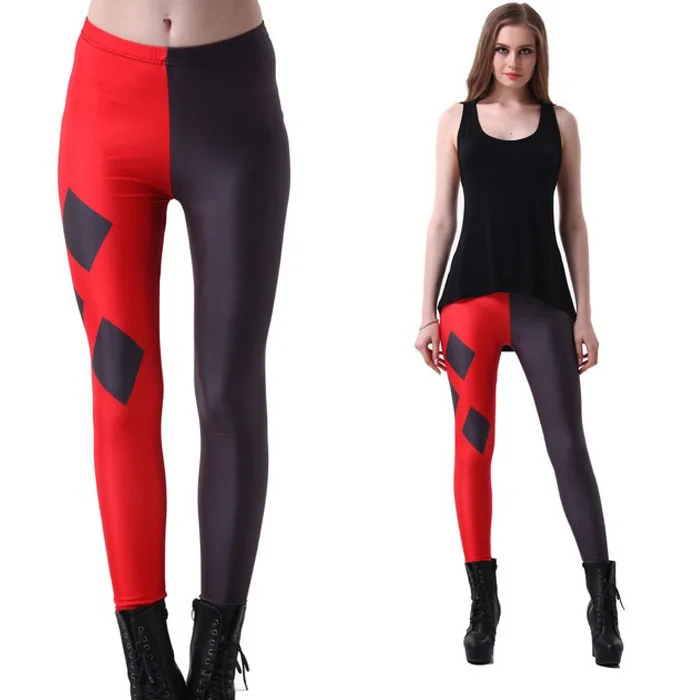 Tanie 3D druk cyfrowy Harley Quinn czarny i czerwony kontrast fitness legginsy kobiet elastyczne spodnie spodnie Ropa Mujer