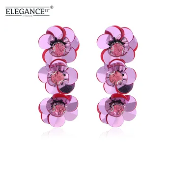 

Elegance Pink Sequin Earrings Flower Shape Women Long Earring Studs 3 Layers Crystal Bohemian Jewelry Gift for Girls Wholesale