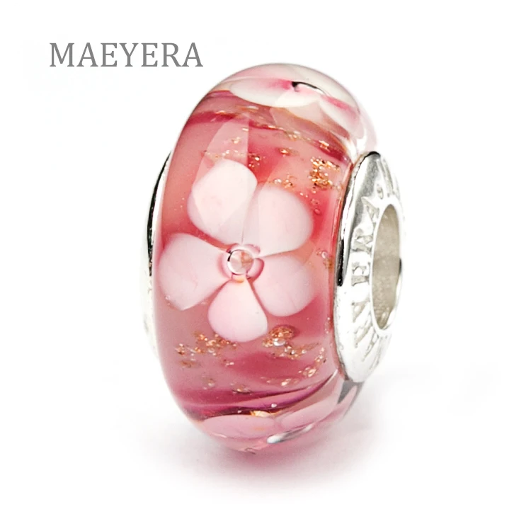 

MAEYERA Authentic 925 Sterling Silver Lampwork Gold Sand Pink Flower Beads Murano Glass Beads Fit European Charm Bracelet 920186