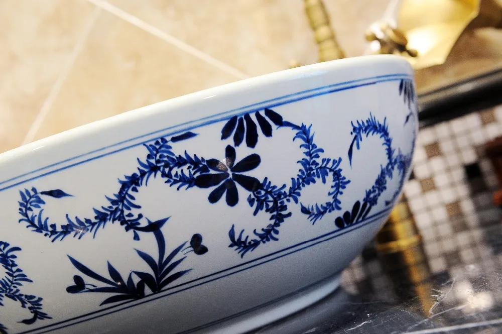 Bthroom Counter Top Wash Basin Cloakroom Hand Painted Vessel Sink bathroom sinks Blue and white bathroom wash hand basin (2)