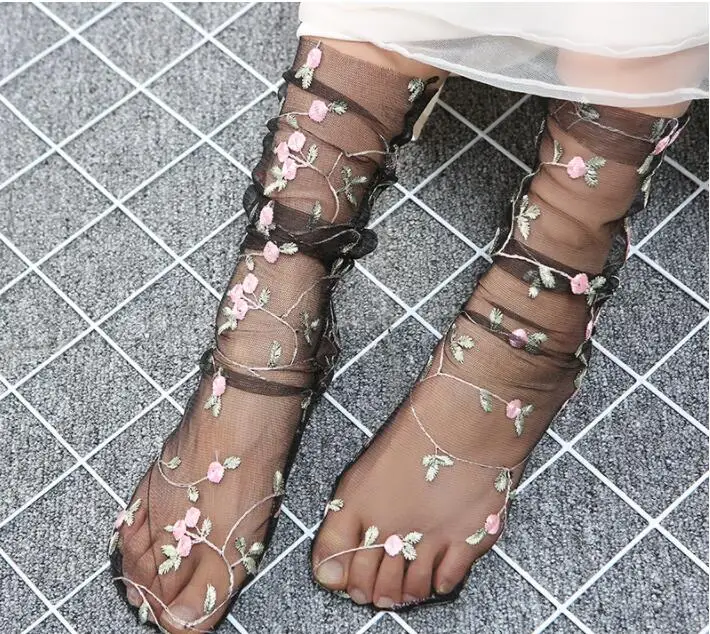 1 Pair Summer Transparent Mesh Bright Sexy Fishnet Long Sockings Loose Fashion Flower Printed Funny Women's Glass Socks