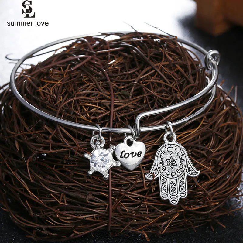 

Fashion Silver Color Hamsa Hand Of Fatima Charm Bracelets Bangles Expandable Love Charms Wire Bracelets Women Lucky Jewelry