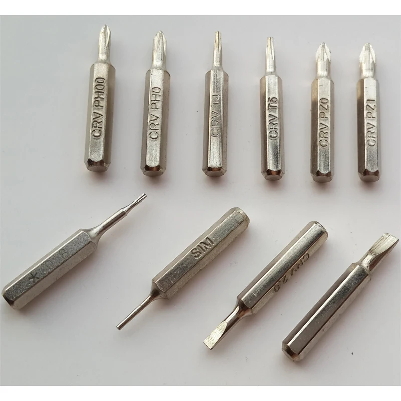 

10pcs Cr-V Driver Bit Set: PH0, PH00, T4, T5, PZ0, PZ1, SL2.0, SL3.0 Sim Card Tray Eject Pin, P2 Pentalobe Screwdriver Bit 0.8