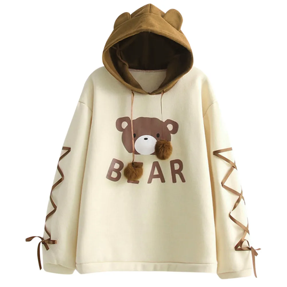 JAYCOSIN Women Sweatshirt Casual Wear Bear Cap Top Long Sleeve With A Ribbon Hair Ball Cute hoodies women plus size top fashion