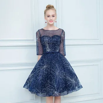 

Half Sleeve Homecoming &Graduation Dresses Navy Blue Sexy Women Tulle Dress Rhinestone Evening Gown Elegant Bow Robe De Soiree