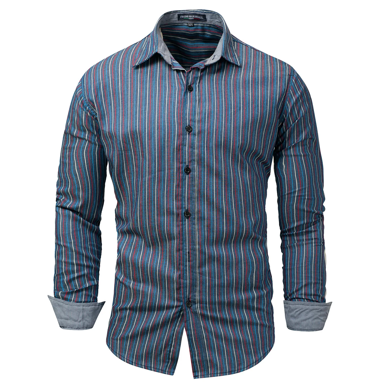 Men's 2018 New Denim Dress Shirt Long Sleeve Splice Small Stripes Man