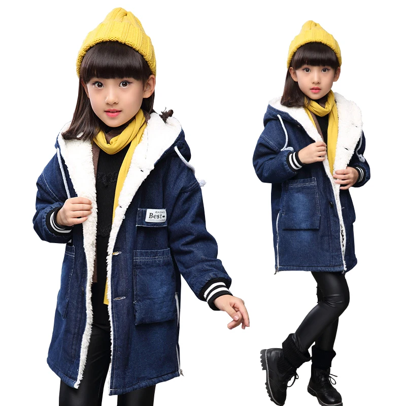 2020 New Winter Kids Girls Denim Jacket Children Plus Thick Velvet