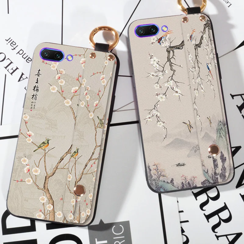 

3D Embossed Flowers Case For Huawei Honor 10 Hand Cover Wrist Strap Cases For Huawei Honor 10 Lite Capa Stand Coque