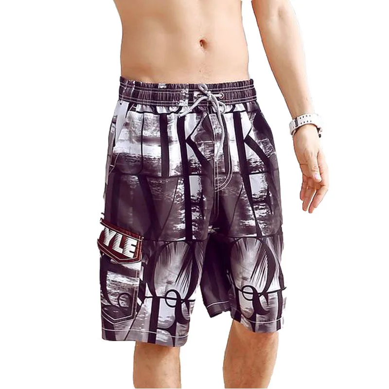 Beach Shorts Men Boardshorts Elastics Waist Black Printing Summer Quick