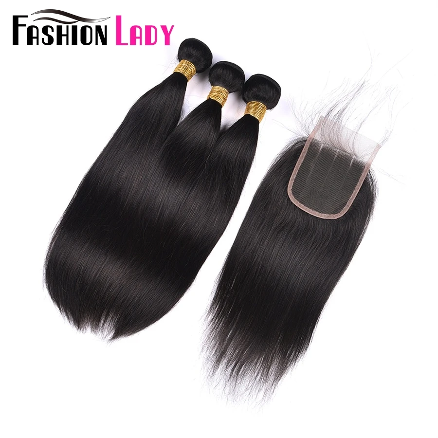 FASHION LADY Pre-Colored Brazilian Straight Hair 3Bundles With Middle Part Lace Closure Non-Remy Human Hair Bundle With Closure