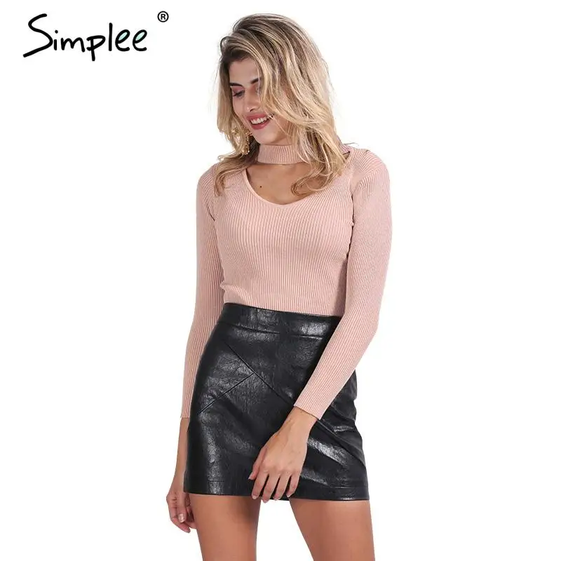 Simplee Elegant halter knitted sweater Autumn winter white short pullover women tops Slim v neck black jumper casual pull femme