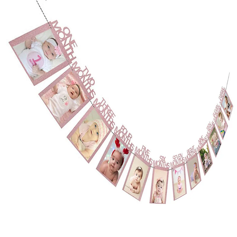 12 месяцы фоторамка баннер 1st День рождения Декорации принцесса для маленьких мальчиков девушка Первое причастие с днем рождения Юбилей расходные материалы - Цвет: pink