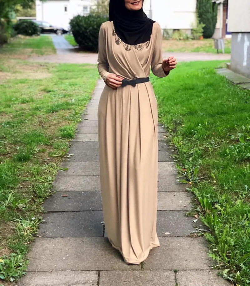 Ближний Восток мода элегантный Дубай абаи кафтан мусульманских женщин длинное платье Исламская Леди чистый цвет Длинные рукава платья одежда