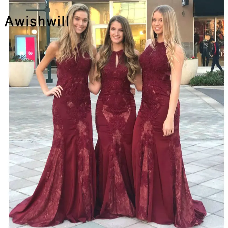 2 abendkleider New Design Prom Dresses 2019 High Neck Sleeveless Floor Length Lace Satin Mermaid Robe de soriee Long Evening Dress