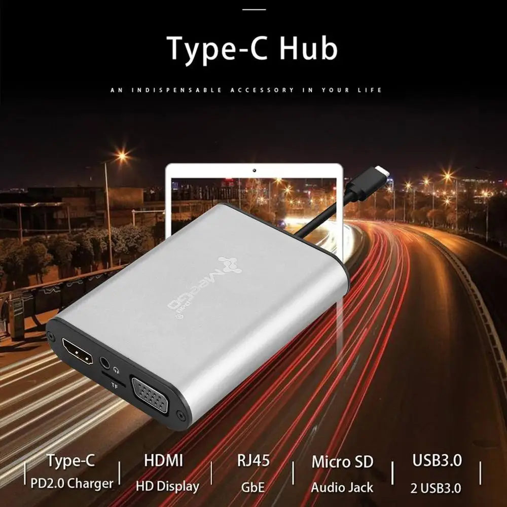 

Type-C Hub HD Video HDMI VGA Output Gigabit Ethernet RJ45 Adapter USB 3.0 Ports DSP Support AUDIO TF Cards